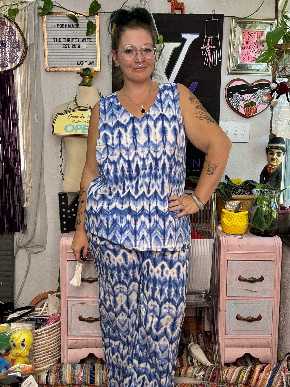 Paradise Shores Blue Tie-Dye Top and  Wide Leg Lightweight Pants Size Large